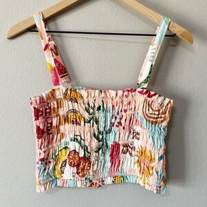 Paper Heart Linen-Blend Colorful Fruit Print Smocked Cropped Tank Top Medium NEW